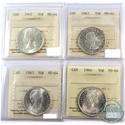 1962, 1963, 1965, 1966 Canada 50-cent ICCS Certified MS-64. 4pcs.