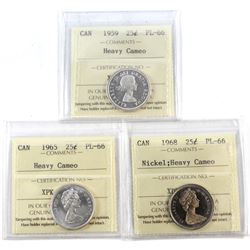25-cent 1959, 1965 & 1968 Nickel ICCS Certified PL-66 Heavy Cameo. 3pcs