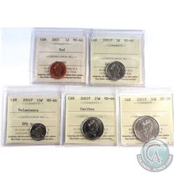 1-cent 2001, 5-cent 2001P, 10-cent 2001P Volunteers, 25-cent 2001P & 50-cent 2001P All ICCS MS-66. 5