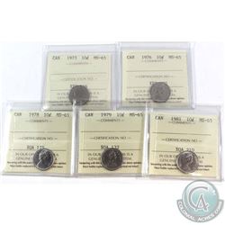 10-cent 1973, 1976, 1978, 1979, 1981 ICCS Certified MS-65. 5pcs.
