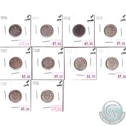 1916-1932 Canada 10-cent in VF Condition - 1916-1919, 1921 & 1928-1932. Coins contain various impair