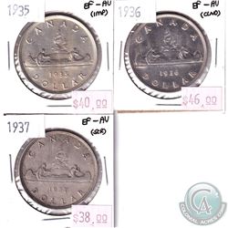 1935, 1936 & 1937 Canada Silver $1 in EF-AU Condition. Coins contain various impairments. 3pcs