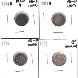 Lot of 4x Canada 5-cent Dated 1874H Plain 4, 1883H, 1889 & 1893 in VG-F or EF (coins have various im