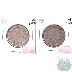 1931 & 1934 Canada 50-cent Very Good. Coins contain various impairments. 2pcs