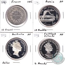 Mixed Lot of World Silver Coins. You will receive 1965 France 10 francs UNC, 1980 Russia 10 Roubles 