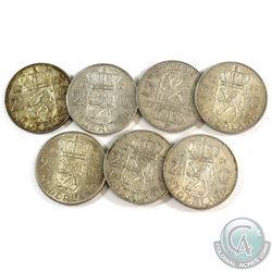 Lot of 7x Netherlands 2 1/2 Gulden Silver Coins. You will receive 107 grams total of silver coinage.
