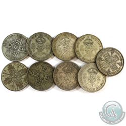 Lot of 9x Great Britain One Florin Silver Coins. You will receive 100 grams total of silver coinage.