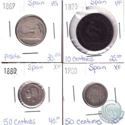 Lot of 4x Spain Coinage Dated 1869-1900 in VG to XF as per holders. 4pcs