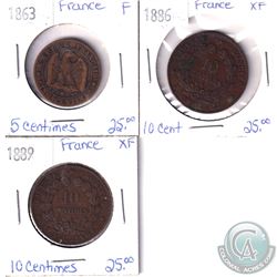 Lot of 3x France Coinage Dated 1863, 1886 & 1889 in F or XF as per holders. 3pcs