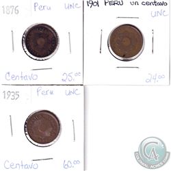 Lot of 3x Peru Coinage Dated 1876, 1901 & 1935 in UNC as per holders. 3pcs