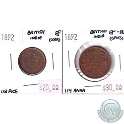 1892 British India 1/2 Piece in EF (corrosion) & 1892 British India 1/4 Anna in EF-AU (Spots). 2pcs