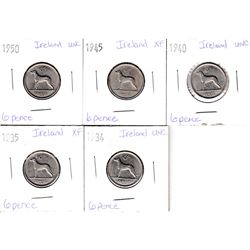 Lot of Ireland 6 Pence 1934-1950 EF to UNC as per holders. 5pcs