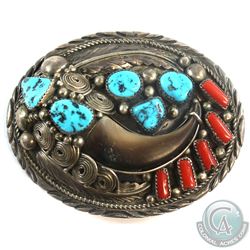 Navajo 'Elaine Sam' Sterling Silver Belt Buckle Inlayed with Turquise, Coral and Faux Bear Claw.  Th