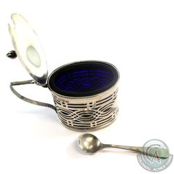 1908 'Chester' George Nathan & Ridley Hayes Sterling Silver Mustard Pot with Cobalt Blue Glass Liner