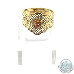 Lady's 14K 2-Tone Gold Ring with Rose Accent and Peirced Detailed Band- Size 9.  Total weight of 3.9