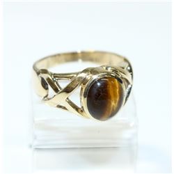 Men's 10K Yellow Gold Tiger Eye Open Shank Ring - Size 12.  7.45 grams.