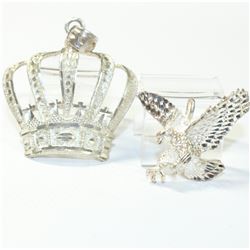 Pair of Large Sterling Silver Pendants. Crown Pendant measures 2 1/2" by 2". Eagle Pendant measures 