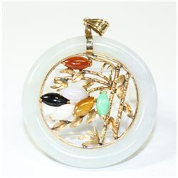 14K Yellow Gold Rainbow Accented Circular Jade Pendant.  Measures 4 1/2cm in diameter with a total w