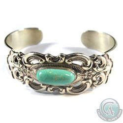 TOWLE Sterling Silver Blue Turquoise Scrolling Floral Cuff Bracelet. Measures approx. 2 1/4" in diam