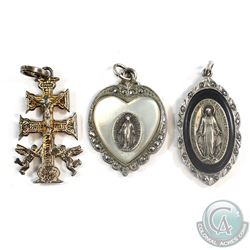 Lot of Antique/Vintage Sterling Silver Religious Pendant/Charm Collection. 3pcs.
