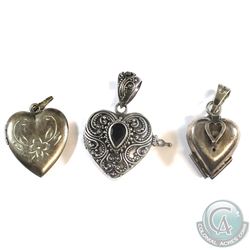 Lot of Antique/Vintage Sterling Silver Heart Locket Collection. 3pcs.