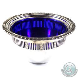 Birks Sterling Silver Pierced Bowl with Gadroon Design and Cobalt Blue Glass Liner.  Bowl measures 2