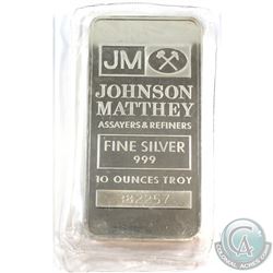 Johnson Matthey 10oz 999 Fine Silver Bar with Logo Reverse (Tax Exempt) Sealed. Serial # 382257