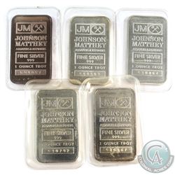 5x Johnson Matthey 1oz Fine Silver Bars with JM Logo Reverse (Tax Exempt) Toned. 5pcs.