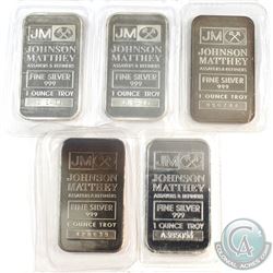 5x Johnson Matthey 1oz Fine Silver Bars with JM Logo Reverse (Tax Exempt) Toned. 5pcs.