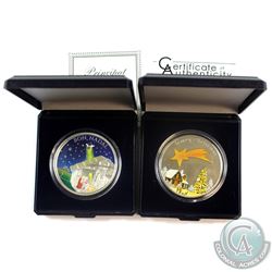 2010 Palau $5 Merry Chrismas & 2011 Andorra $5 Bon Nadal Sterling Silver Coins.  Both come in mint i