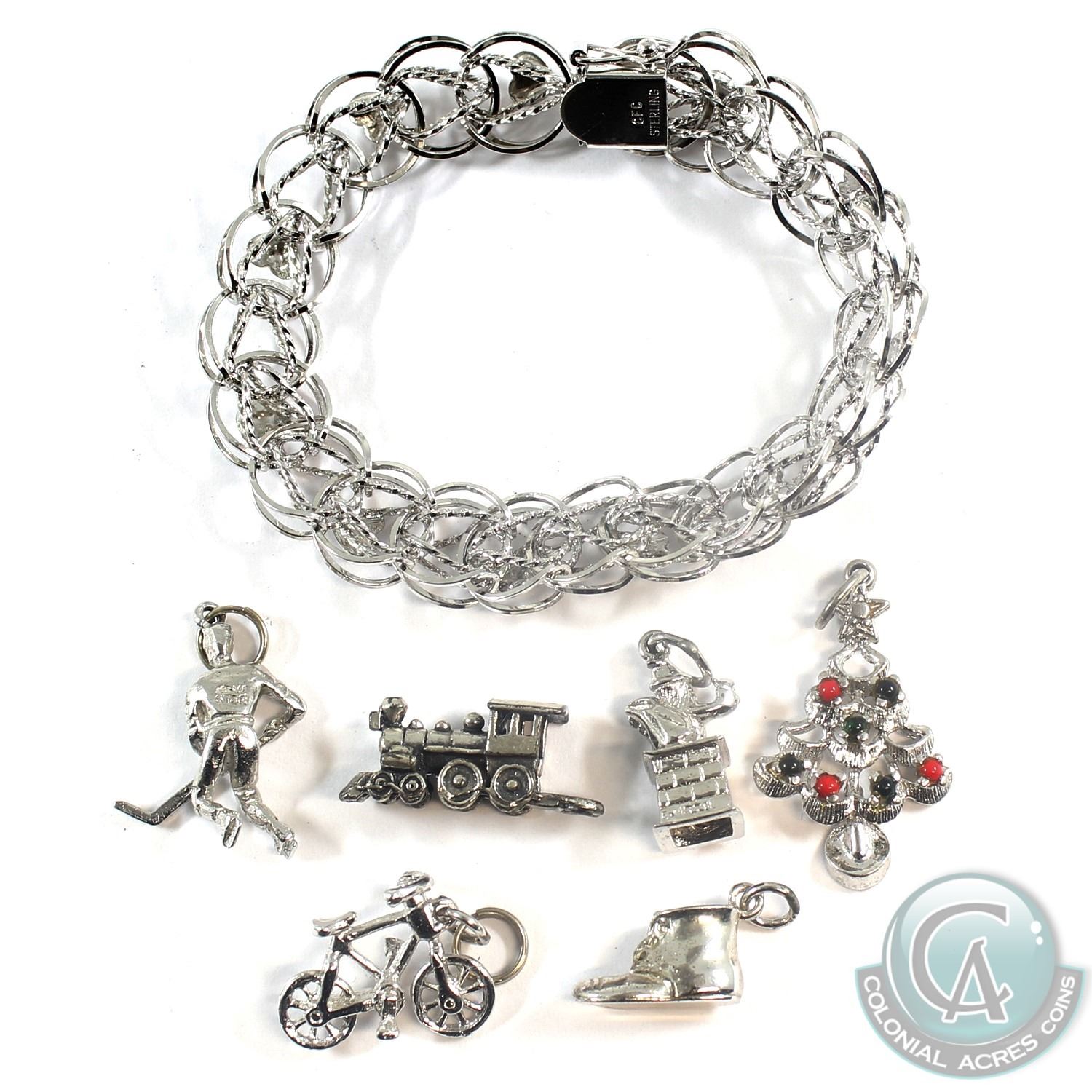 Lot of Vintage Sterling Silver Charms with Charm Bracelet. 7pcs.