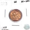 Image 1 : 1913 Great Britain Gold Half Sovereign AU-UNC. Contains 0.1177oz pure gold.