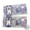 Image 1 : 2x 2013 $10 Bank of Canada Notes with 2 Digit Serial Numbers - FEY7700700 & FTK0990999, Both UNC. 2p