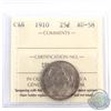 Image 1 : 1910 Canada 25-cent  ICCS Certified AU-58. A nice even, medium toned coin overlying original mint lu