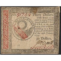 January 14, 1779 $30 Continental Currency Note