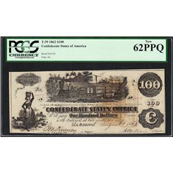 1862 $100 Confederate States of America Note T-39 PCGS New 62PPQ