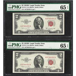 Lot of (2) 1953B $2 Legal Tender Notes Fr.1511 PMG Gem Uncirculated 65EPQ