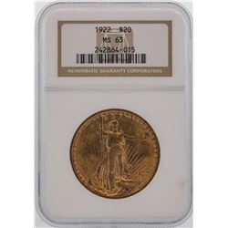 1922 $20 St. Gaudens Double Eagle Gold Coin NGC MS63