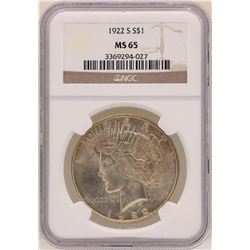 1922-S $1 Peace Silver Dollar Coin NGC MS65