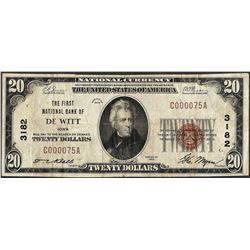 1929 $20 National Currency Note First NB of De Witt, Iowa CH# 3182 Low Serial