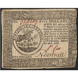 September 26, 1778 $5 Continental Currency Note
