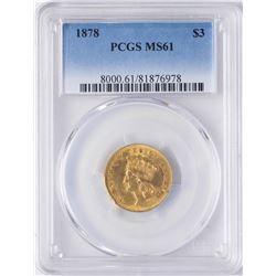 1878 $3 Indian Princess Head Gold Coin PCGS MS61