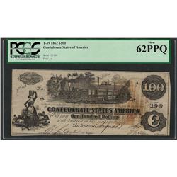 1862 $100 Confederate States of America Note T-39 PCGS New 62PPQ