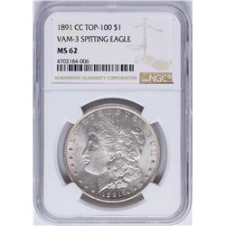 1891-CC $1 Morgan Silver Dollar Coin VAM-3 Spitting Eagle NGC MS62