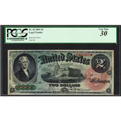 1869 $2 Rainbow Legal Tender Note Fr.42 PCGS Very Fine 30