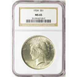 1924 $1 Peace Silver Dollar Coin NGC MS65