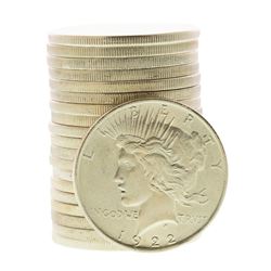 Roll of (20) Brilliant Uncirculated 1922 $1 Peace Silver Dollar Coins
