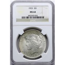 1923 $1 Peace Silver Dollar Coin NGC MS64