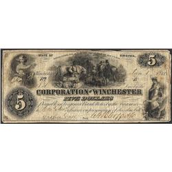 1862 $5 Corporation of Winchester Virginia Obsolete Note