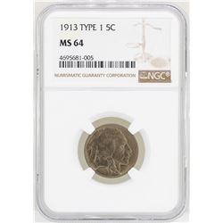 1913 Type 1 Buffalo Nickel Coin NGC MS64